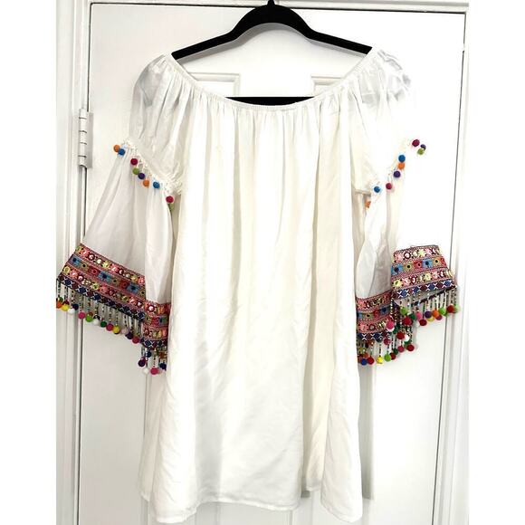 STELLAH Off-Shoulder Pom Pom Mini Dress Tunic Festival Boho Multicolor - Small - Picture 2 of 5